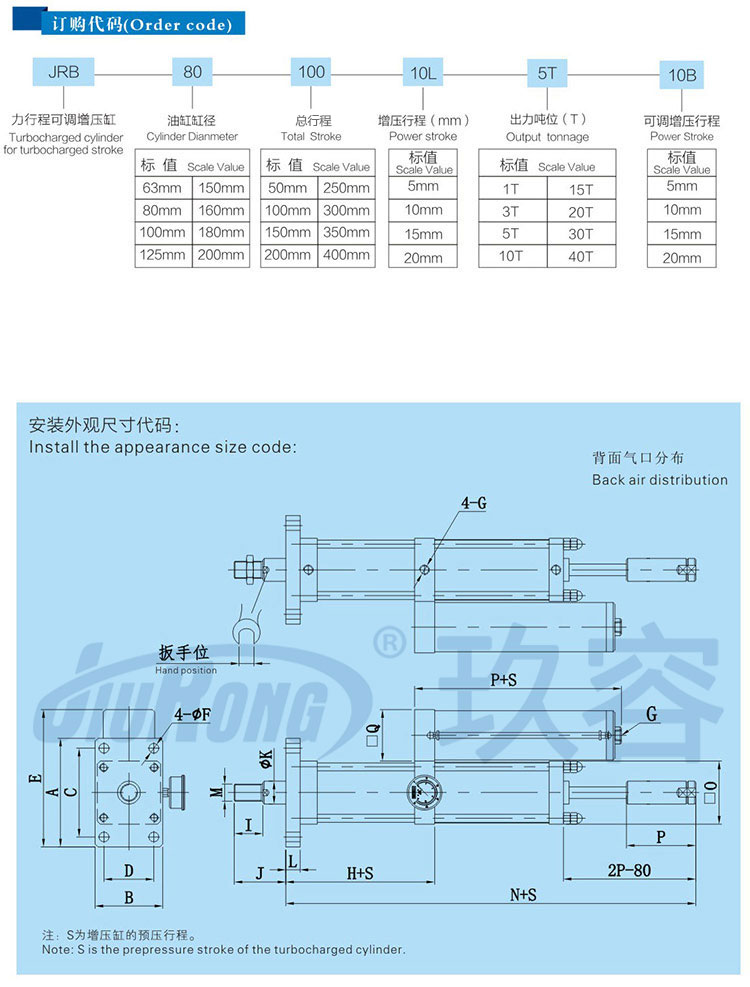 增壓力行程可調(diào)氣液增壓缸訂購及尺寸代碼